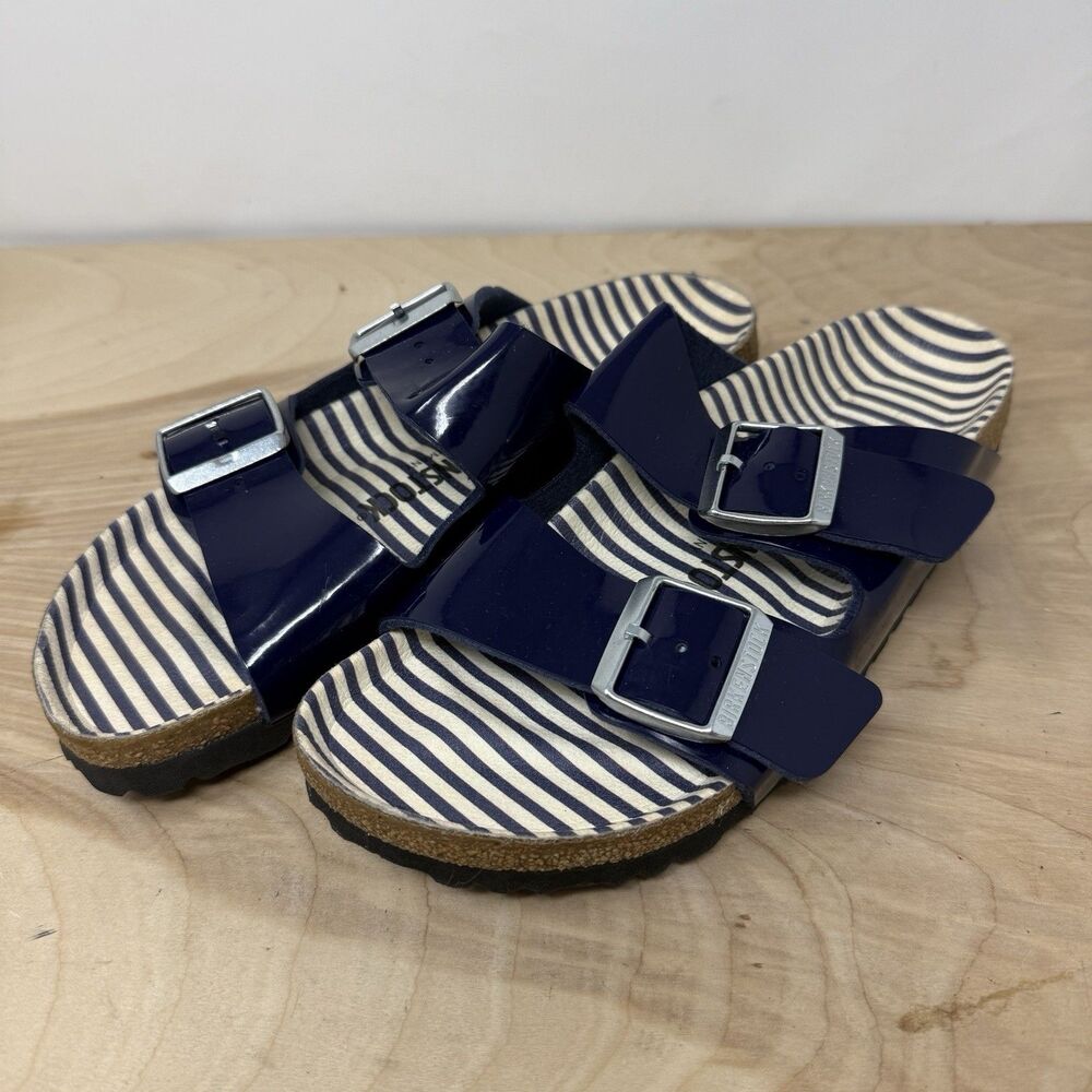 Birkenstock Navy Patent Two-Strap Sandals with Striped Footbed - Picture 2 of 9